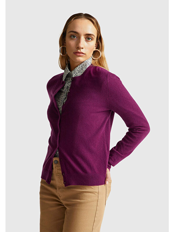 United Colors Of Benetton Kadın Mürdüm %100 Merino Bisiklet Yaka Hırka