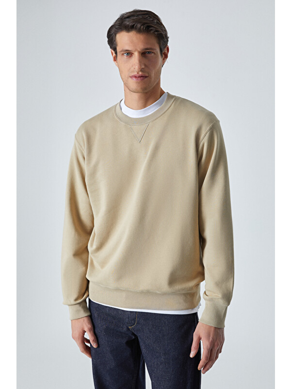 GRIMELANGE BONELL Erkek %100 Pamuk Relaxed Bisiklet Yaka Uzun Kollu VİZON Sweatshirt