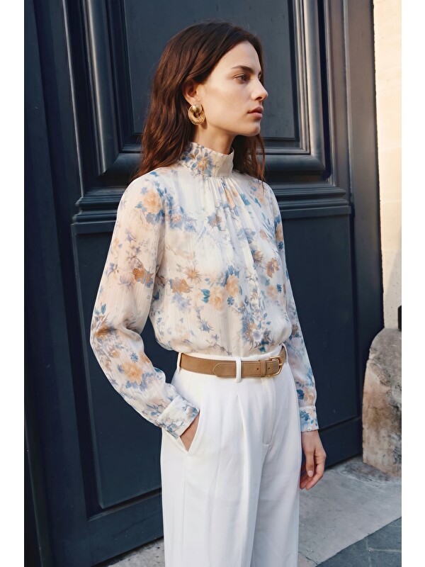 SATEEN Çiçek Desenli Bluz - İndigo
