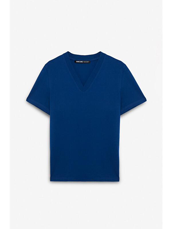 GRIMELANGE ALINE Kadın %100 organik Pamuk Derin V Yakalı Comfort Fit PETROL-MAVİ T-Shirt