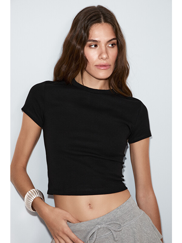 ETHIQUET ZOLEN Kadın Yumuşak Ve Esnek Kumaşlı Organik Pamuklu Kısa Kollu Crop SİYAH T-Shirt