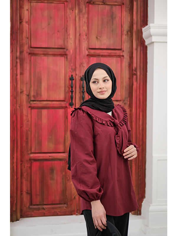 Locco Moda Kadın Yakası Fırfırlı Basic Gömlek Bordo