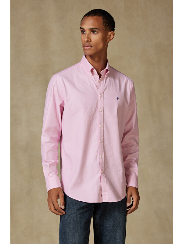 ABBATE Luca Oxford Stretch Pamuk Karışımlı Comfort Fit Pembe Düğmeli Yaka Erkek Düz Gömlek