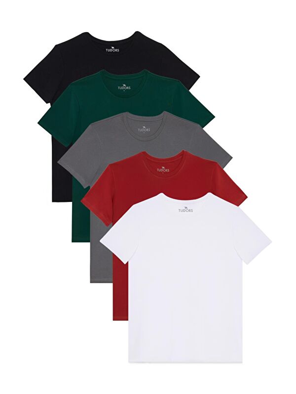 TUDORS Unisex 5'Li Paket Beyaz-Kırmızı-Gri-Yeşil-Siyah Slim Fit Dar Kesim %100 Pamuk Bisiklet Yaka Tişört