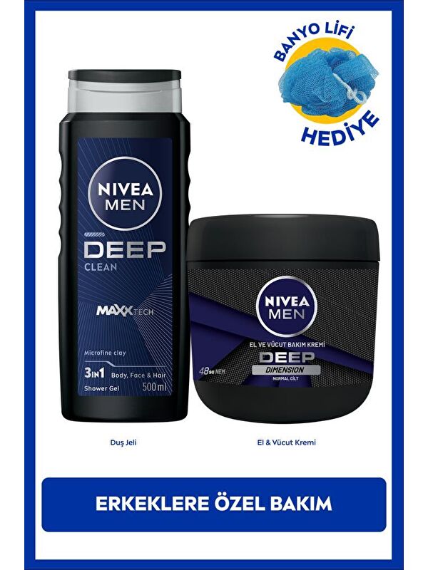 NIVEA MEN Erkek Deep Dimension Duş Jeli 500ml ve Deep Impact Nemlendirici El Vücut Kremi 400ml, Lif Hediye