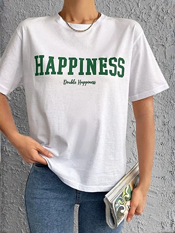 Trendseninle Kadın Happiness Double  Baskı %100 Organik Pamuk Relaxed Fit Yuvarlak Yaka Tişört Beyaz