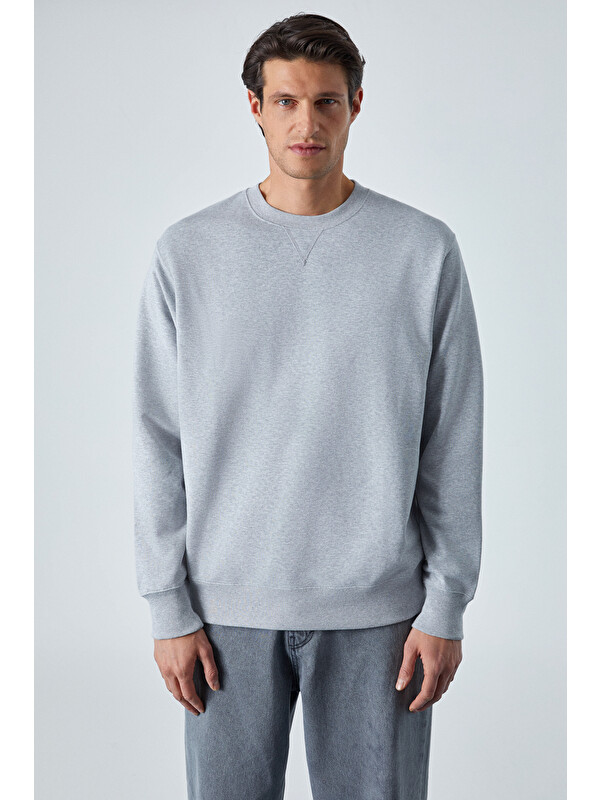GRIMELANGE BONELL Erkek %100 Pamuk Relaxed Bisiklet Yaka Uzun Kollu GRİ MELANJ Sweatshirt