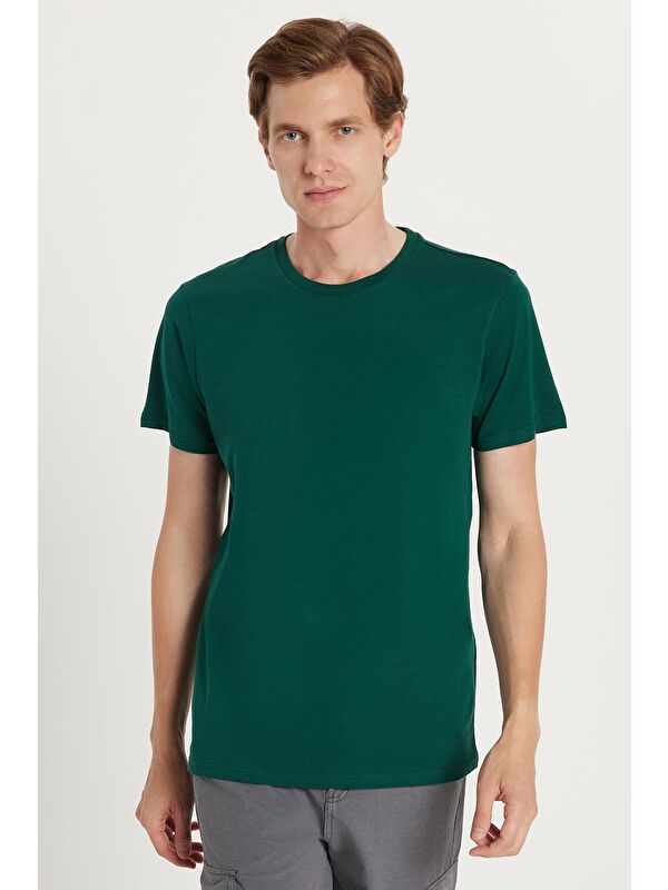 TUDORS Unisex Slim Fit Dar Kesim %100 Pamuk Yumuşak Dokulu Yeşil Bisiklet Yaka Tişört
