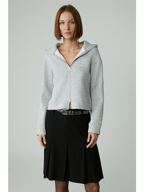 ETHIQUET ROBINA Kadın Şardonlu Kapüşonlu Nakış Detaylı GRİ MELANJ Sweatshirt