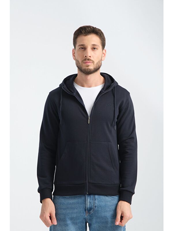 Shooter Sportswear Lacivert Erkek Üç İplik Şardonsuz Fermuarlı Kapüşonlu Sweatshirt