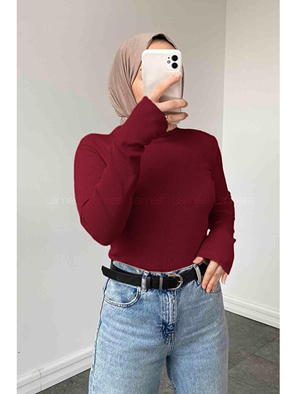 Lamelif Balıkçı Yaka Fitilli Body Bordo