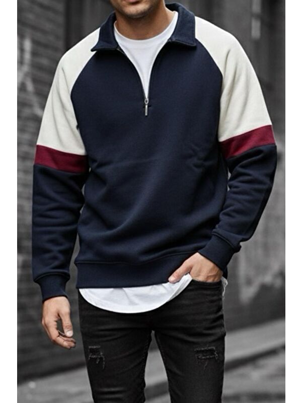 Oksit Wesst Üç İplik Şardonlu Yarım Fermuarlı Yaka Erkek Sweatshirt