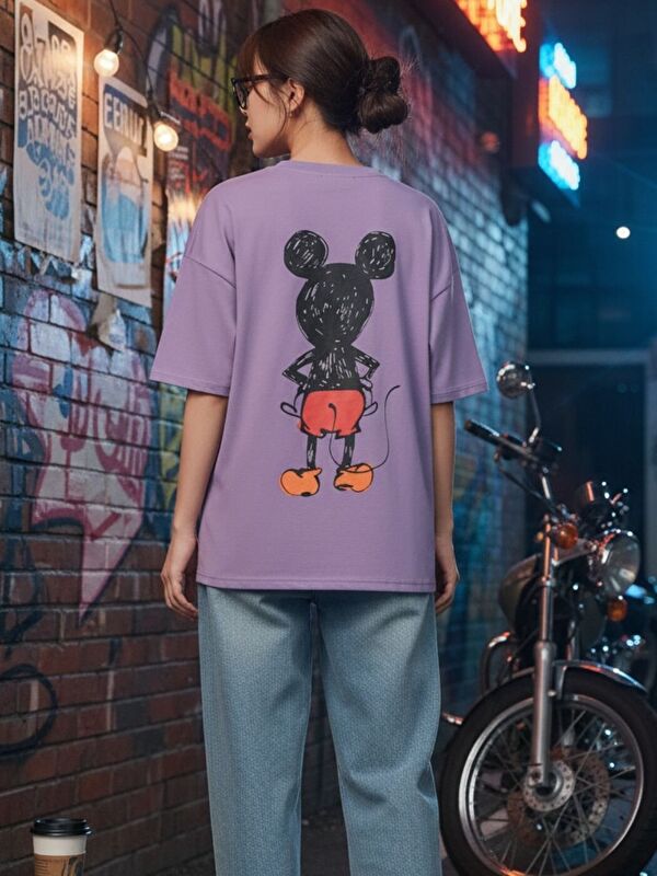 Trendseninle Lila Mouse Baskılı Tişört