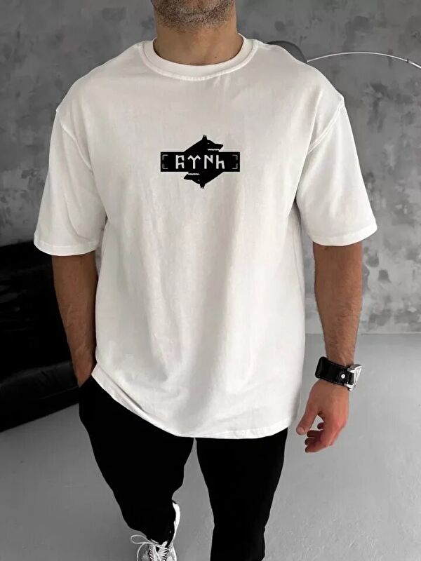 Jane's Unisex Bisiklet Yaka Baskılı Double Oversize T-Shirt - Beyaz
