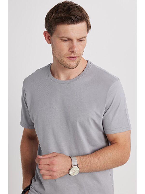 TUDORS Unisex Slim Fit Dar Kesim %100 Pamuk Yumuşak Dokulu Gri Bisiklet Yaka Tişört