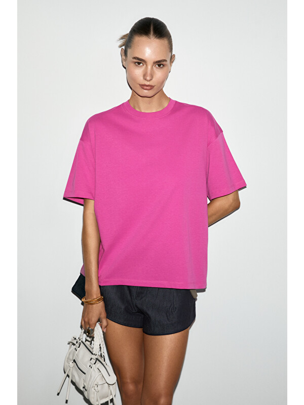 GRIMELANGE LAGERTHA Kadın %100 organik Pamuklu Kalın Dokulu Oversize Fit Yuvarlak Yakalı FUŞYA T-Shirt