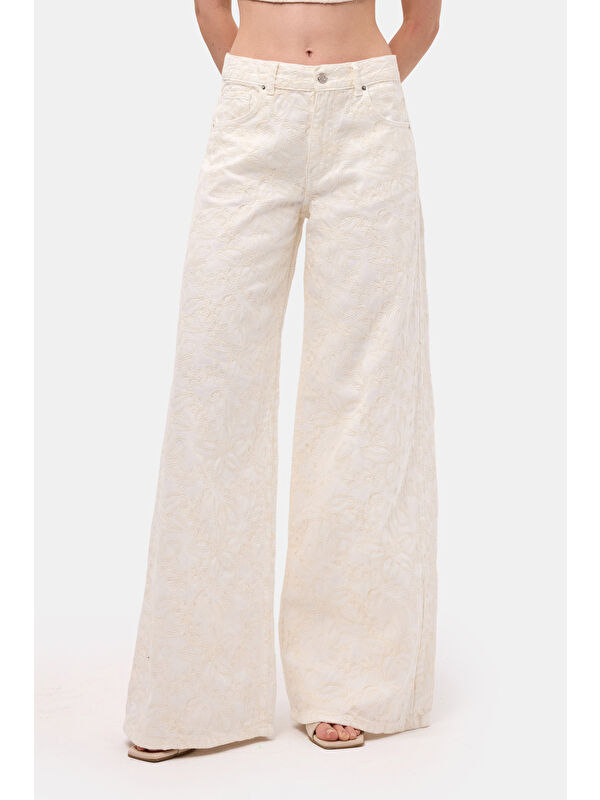 It's Basic Kadın Kırık Beyaz 7s6-101 Palazzo Fit Özel Nakışlı Tasarım Denim Jean