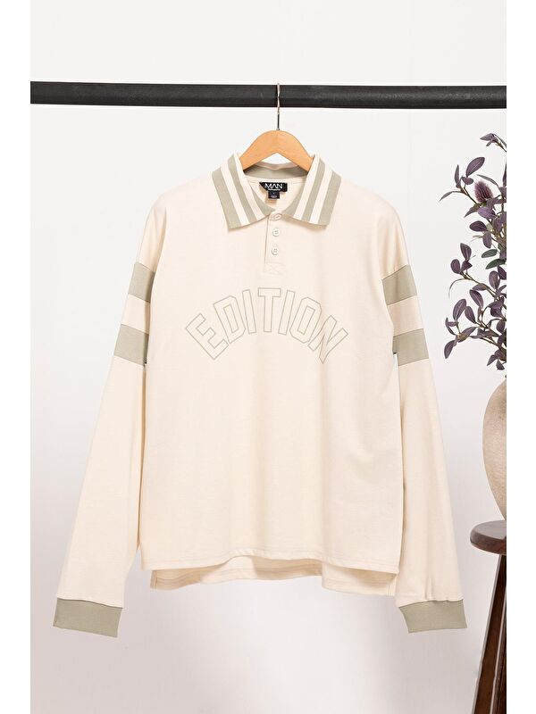 For You Man Oversize Rugby Polo Yaka Sweatshirt - Edition Baskılı | Ekru