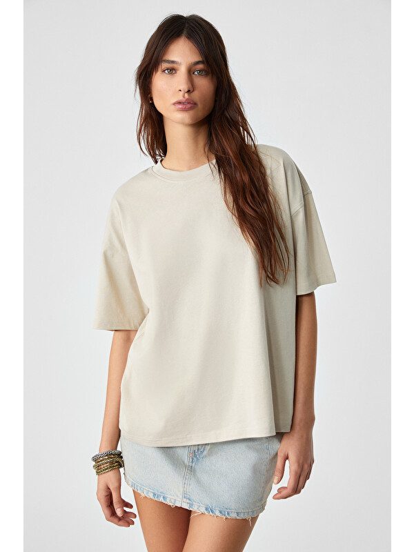 GRIMELANGE LAGERTHA Kadın %100 organik Pamuklu Kalın Dokulu Oversize Fit Yuvarlak Yakalı TAŞ T-Shirt