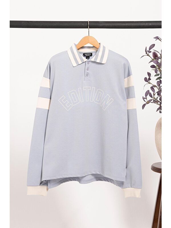 For You Man Oversize Rugby Polo Yaka Sweatshirt - Edition Baskılı | Mavi