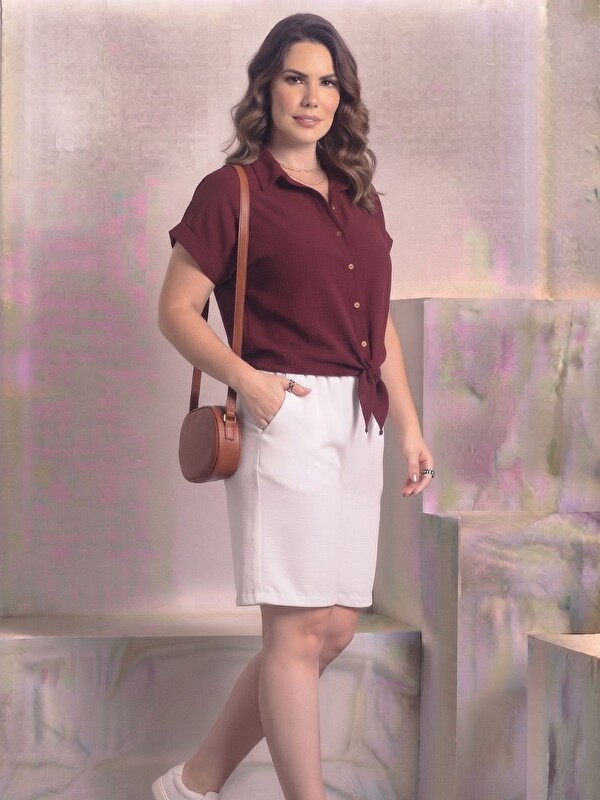 Trendseninle Kadın Müslin Yaka Patlı Tam Düğme Gömlek Bordo