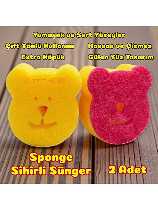 Technow Sponge Çift Taraflı Gülen Yüz Çok Amaçlı Sihirli Bulaşık Süngeri 2 Adet