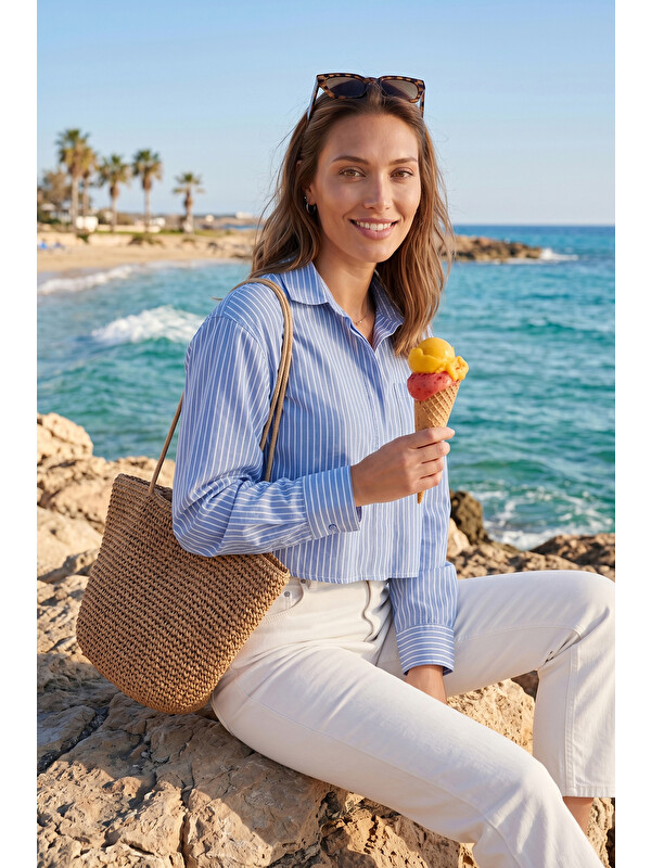 Lela Pamuklu Relaxed Fit Çizgili Göğüs Cepli Kadın Gömlek 6982039