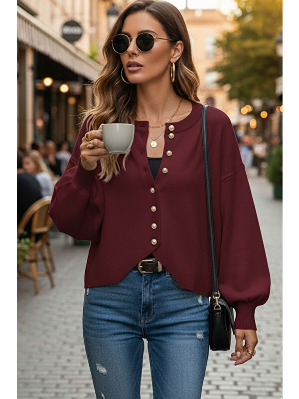 Tarz Cool Bordo Yumuşak Dokulu Mücevher Düğmeli Ceket Görünümlü Triko Hırka