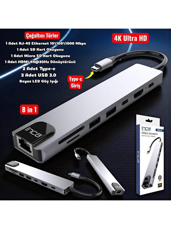 Technow 8 in1 4K Ultra HD Type C USB 3.0 Hub HDMI RJ45 SDTF Adaptör Çoklayıcı