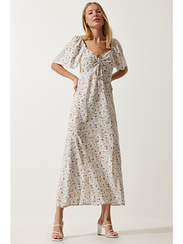 Happiness İstanbul Yırtmaç Detaylı Volanlı Viskon Elbise EKRU LUB0023