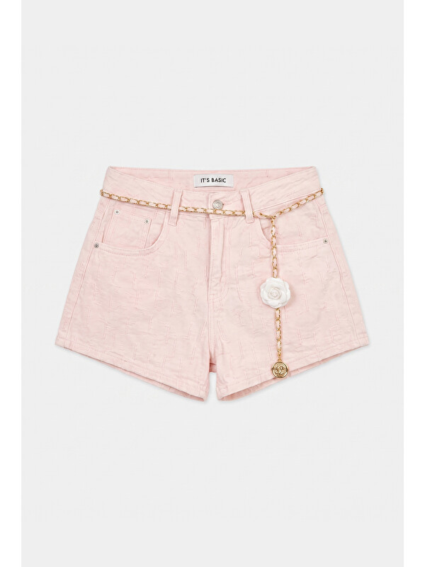 It's Basic Kadın Pembe Özel Kumaş Güllü Kemerli Tasarım Mini Denim Şort