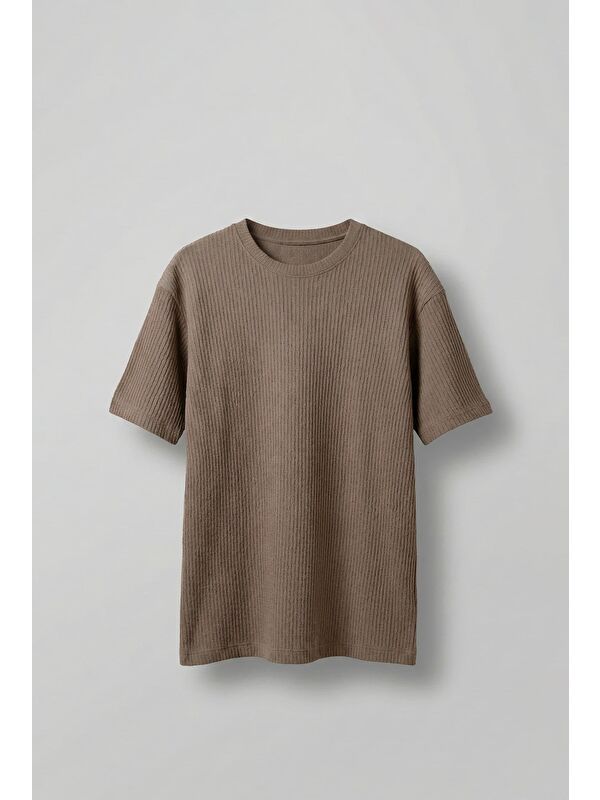 Abluka Online Erkek Fitilli Yıkamalı Renk Geçişli Oversize T-Shirt Kahve Beyaz