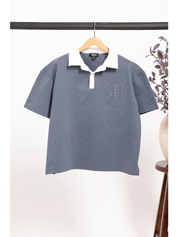 For You Man Oversize Polo Yaka Sprey Wash Tişört – Mavi | Boxy Fit Erkek Tişört