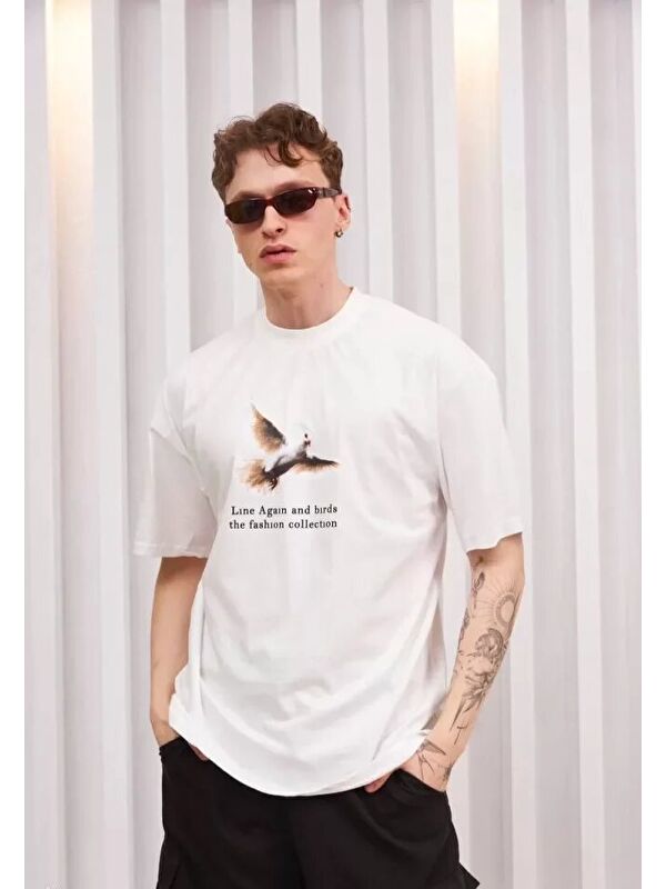 Jane's Unisex Bisiklet Yaka Baskılı Oversize T-Shirt - Siyah
