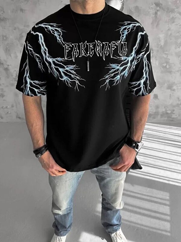Jane's Unisex Bisiklet Yaka Baskılı Oversize T-Shirt - Siyah