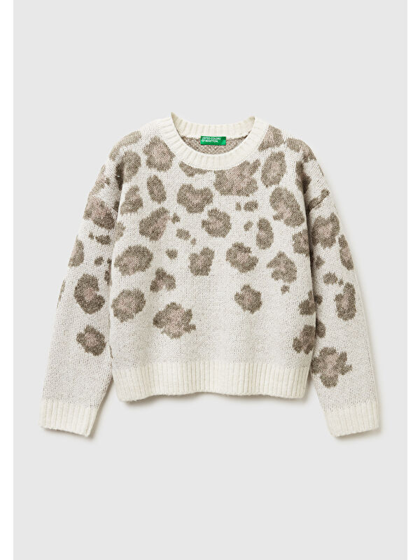 United Colors Of Benetton Kız Çocuk Ekru Leopar Desenli Bisiklet Yaka Kazak