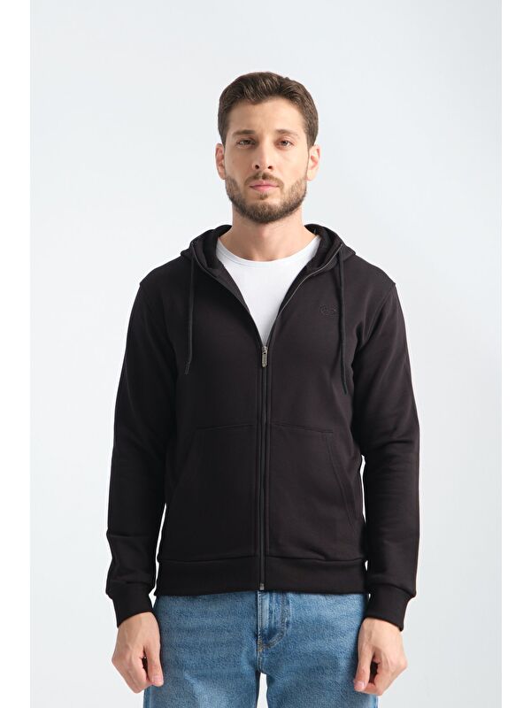 Shooter Sportswear Siyah Erkek Üç İplik Şardonsuz Fermuarlı Kapüşonlu Sweatshirt