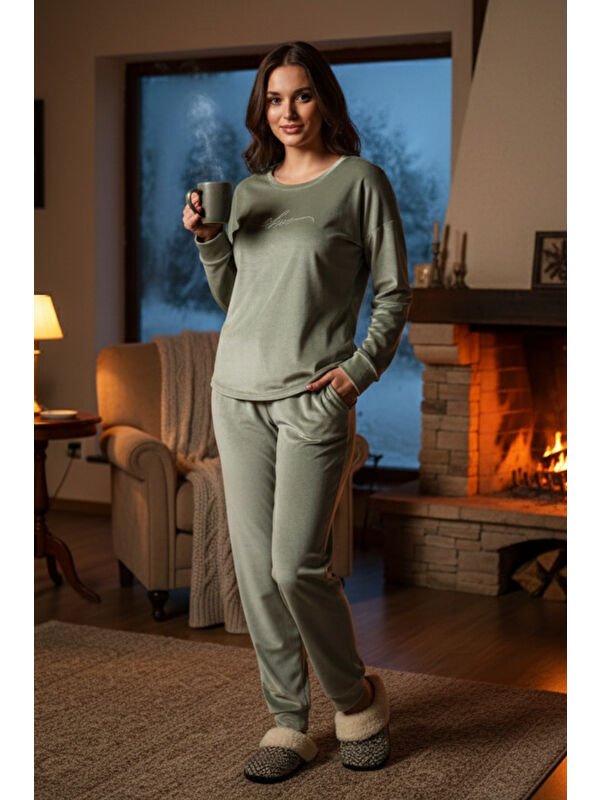 Remsa Kadın Kadife Baskılı Pijama Takımı 25385 Mint