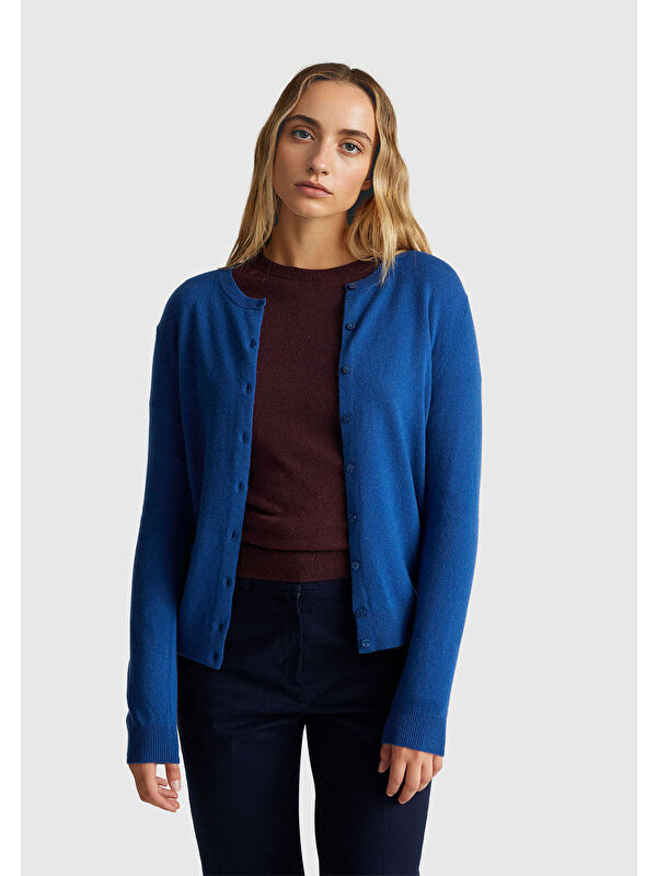 United Colors Of Benetton Kadın Koyu Mavi %100 Merino Bisiklet Yaka Hırka