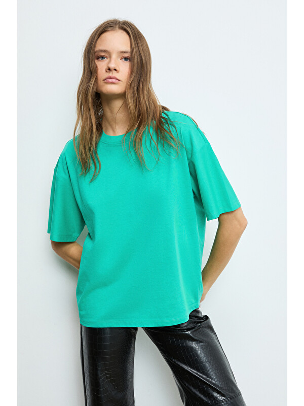 GRIMELANGE LAGERTHA Kadın %100 organik Pamuklu Kalın Dokulu Oversize Fit Yuvarlak Yakalı YEŞİL T-Shirt