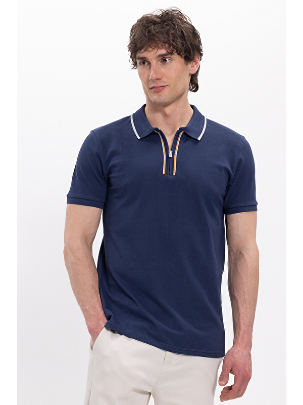 TUDORS Erkek Slim Fit Dar Kesim %100 Pamuk Kısa Kollu Yarım Fermuarlı Lacivert Polo Yaka Tişört