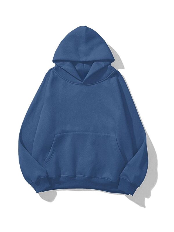 Trendseninle Unisex 3 İplik İndigo Mavi Basic Sweatshirt Hoodie