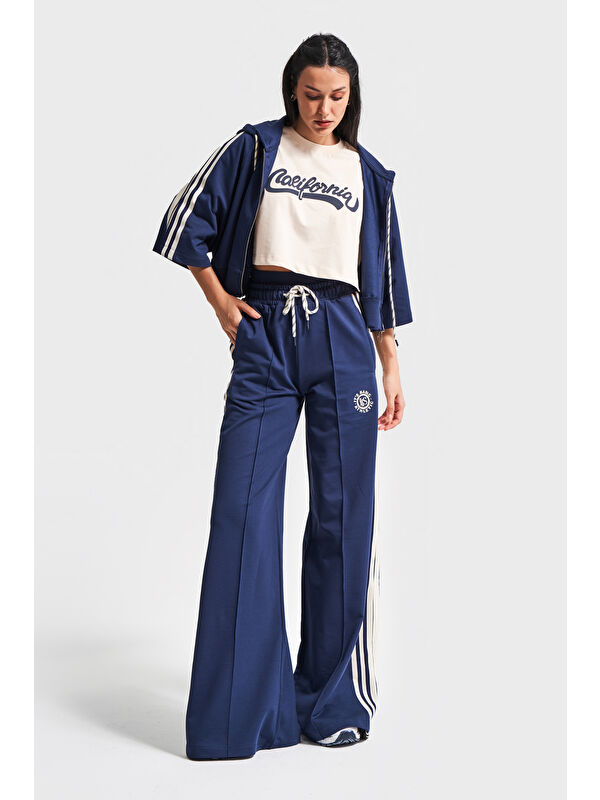 It's Basic Kadın Koyu Mavi Bej Renk s5-56 Örme Kumaş Eşofman Oversize T-Shirt Fermuarlı Polar 3'lü Takım Kombin