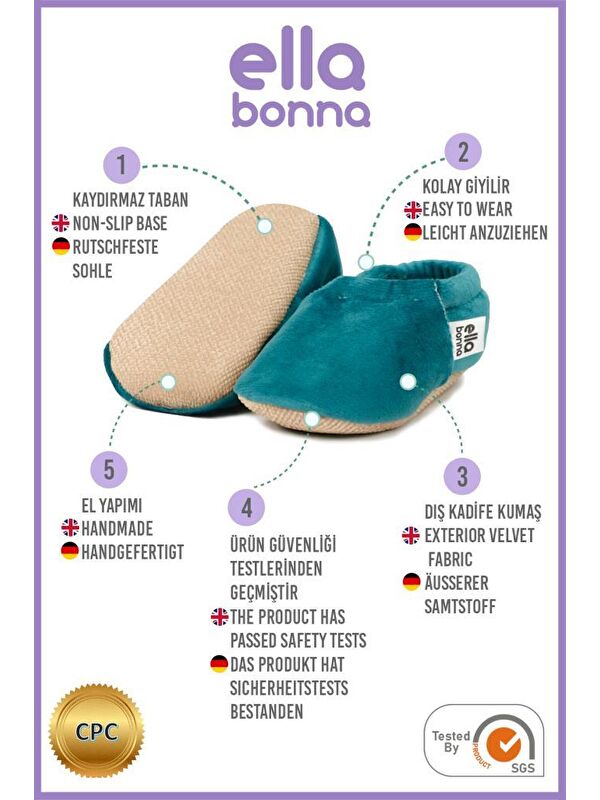 Kadife Bebek Patiği, Kaydırmaz Taban, Kreş Ayakkabısı Patik - Görsel 8
