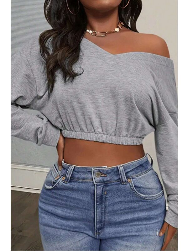 Tarz Cool Kadın Omuz Dekolteli Lastikli Crop Sweatshirt %100 Pamuk