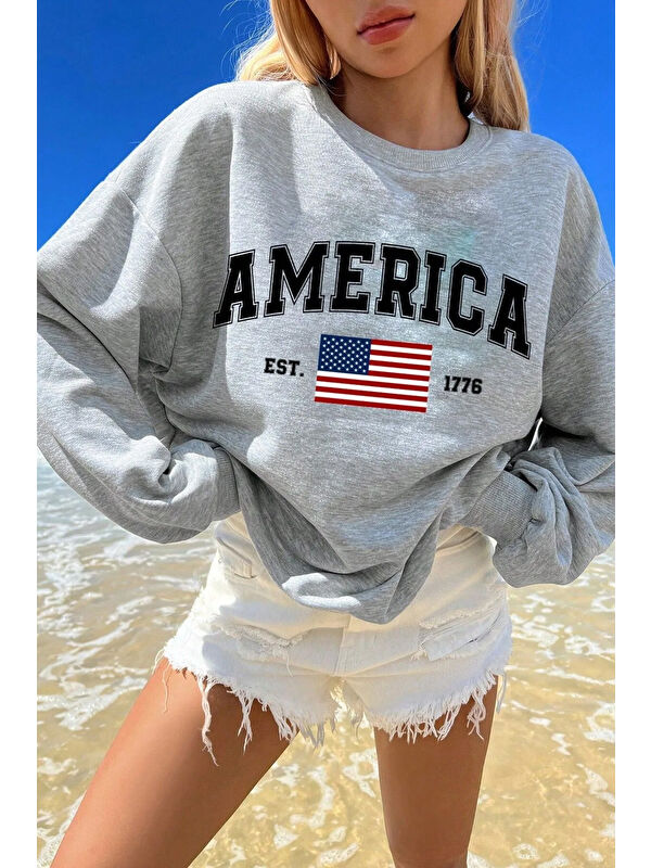 uyguntarz America Baskılı Pamuklu Oversize Sweatshirt