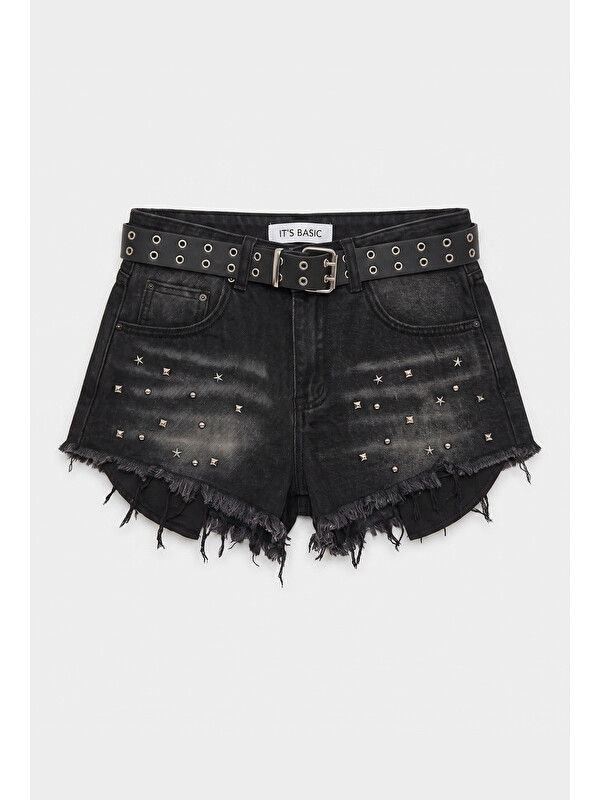 It's Basic Kadın Siyah Jean Rengi Droplu Kemerli Özel Tasarım Denim Şort