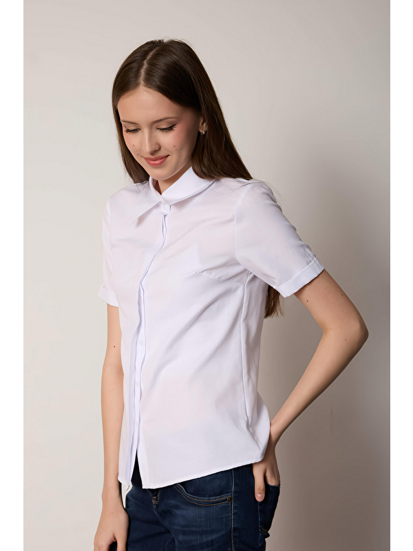 Pera Moda Poplin Kumaş Kısa Kollu Gizli Düğmeli Gömlek