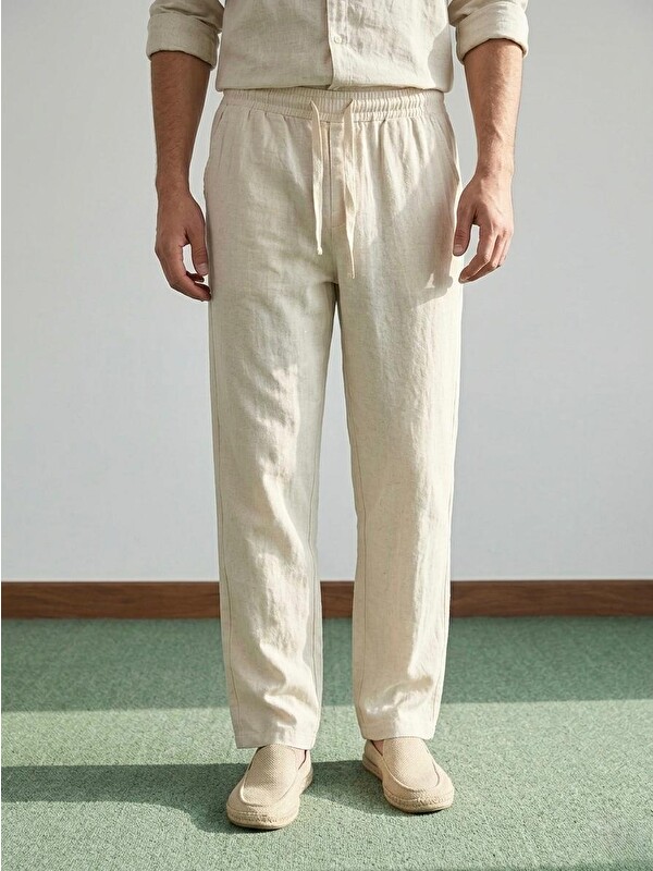 Danger Erkek Baggy Kalıp Beli Lastikli %100 Pamuk Keten Görünümlü Pantolon Bej 1007DNGR