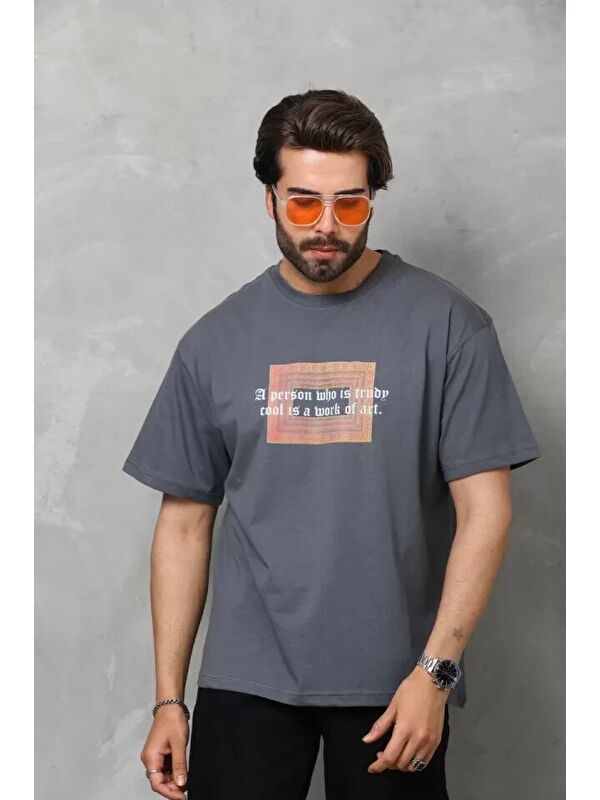 Jane's Unisex Bisiklet Yaka Baskılı Oversize T-Shirt - Füme